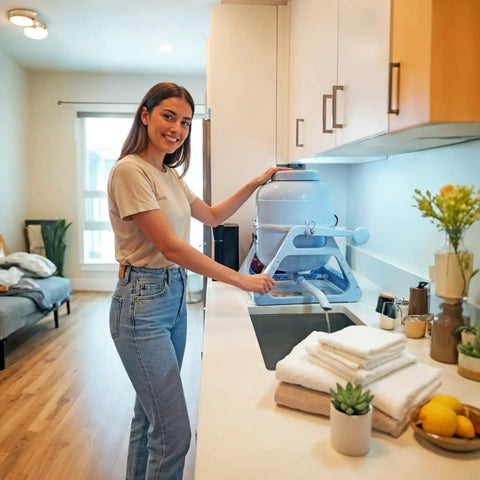 Compact Manual Portable Washing Machine For Apartments And Rvs No Hookups Required Countertop Mini Clothes Washer in use with a woman.