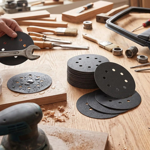 Kickstart Your Woodworking Projects With These Badass 5 Inch Silicon Carbide Sanding Discs featuring 8 quick hook loop holes on a workbench.