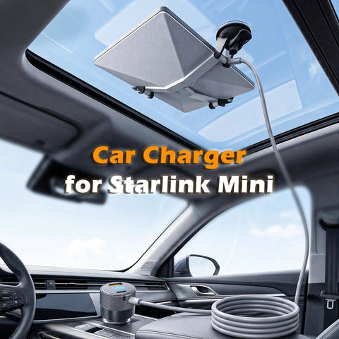 Heavy Duty 12 Volt And 24 Volt Vehicle Power Adapter For Compact Satellite Terminals with Ten Foot Waterproof Wire Harness and USB ports in a car interior.