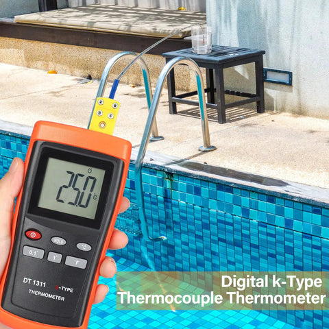 Kiln Temperature Thermometer With K Type Thermocouple And Ceramic Insulator Sensor showing 25°C near a pool