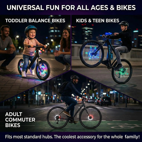 Rechargeable Bike Wheel Lights With Nine Colors And Twenty One Lighting Modes LED Bicycle Tire Lights on kids' bikes at night