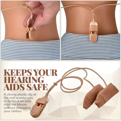 Rugged Hearing Aid Sleeve Protector with Clip Corded Fabric Cover shown with plastic clip and sleeve on striped waistband.