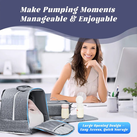 Game Changing Insulated Breast Pump Backpack Keeps Your Milk Chill On The Go Hella Spacious Design Fits Almost Every Electric Pump With Free Ice Packs, featuring a woman with a grey insulated bag and milk bottles.