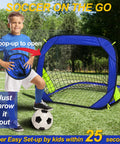 Child with soccer ball next to Pop Up Soccer Goals For Backyard And Beach Training Portable Foldable Lightweight Indoor Outdoor Football Goal With Carry Bag Quick Setup In Under A Minute No Tools Needed For Instant Fun On The Go
