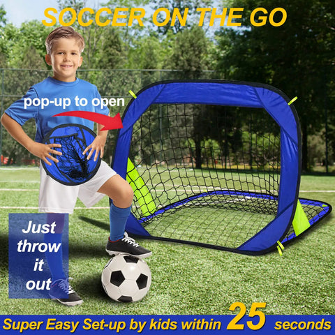 Child with soccer ball next to Pop Up Soccer Goals For Backyard And Beach Training Portable Foldable Lightweight Indoor Outdoor Football Goal With Carry Bag Quick Setup In Under A Minute No Tools Needed For Instant Fun On The Go