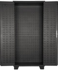 Front view of Heavy Duty Tool Storage Cabinet With Bin Mounts And 122 Red Bins Included, 36 Inch Wide By 24 Inch Deep By 78 Inch High, All Welded 14 Gauge Steel, Solid Doors And Full Louvers For Maximum Bin Capacity And Security with open doors.
