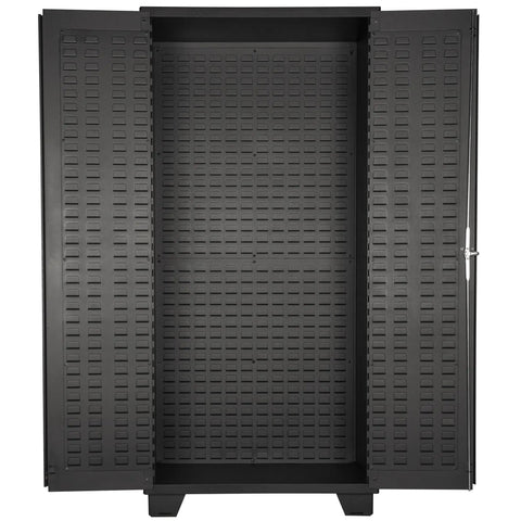 Front view of Heavy Duty Tool Storage Cabinet With Bin Mounts And 122 Red Bins Included, 36 Inch Wide By 24 Inch Deep By 78 Inch High, All Welded 14 Gauge Steel, Solid Doors And Full Louvers For Maximum Bin Capacity And Security with open doors.