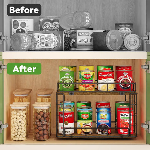 360 Degree Rotating Lazy Susan Can Organizer For Pantry Storage, Holds Twenty Six Cans in organized kitchen cabinet.