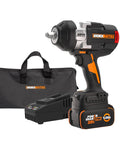 Badass 20V Brushless Cordless Impact Wrench delivers sick 1400 Ft Lbs torque with battery and charger in durable carrying case.