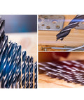 NordWolf 12-piece brad point drill bit set; collage of double-flute bits with 1/4 in hex shank, SAE 1/8–1/2 in sizes