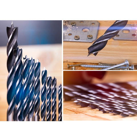 NordWolf 12-piece brad point drill bit set; collage of double-flute bits with 1/4 in hex shank, SAE 1/8–1/2 in sizes