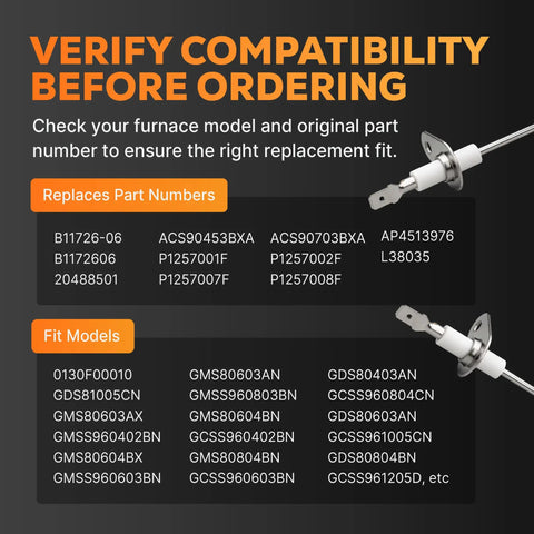 Upgraded 0130F00010 Furnace Flame Sensor Replacement compatibility list with part numbers and fit models displayed.