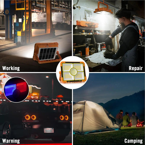 Heavy Duty Solar LED Work Light With 10000 Lumen Brightness, 466 LED Beads, Magnetic Mount in various usage scenarios.