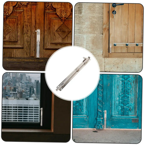 Heavy Duty Stainless Steel Sliding Gate Latch And Barn Shed Door Security Bar mounted on various doors and windows.