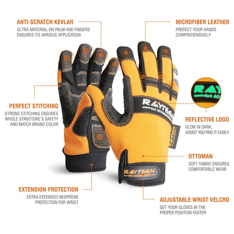 4x4 Off-Road Recovery Kit gloves with kevlar, microfibre leather, logo, stitching details, and wrist Velcro adjustment.