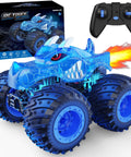 Blue Remote Control Monster Truck For Kids 3 4 5 6 7 8 Dope 2.4GHz with sprayer lights and remote, box packaging visible.