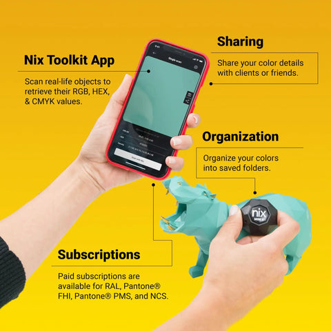 Portable Color Sensor And Color Matcher Tool With 300000 Plus Paint Library For Instant RGB Hex And CMYK Values Dust Debris And Splash Resistant IPX4 So You Can Quick Match Paint On Any Surface Like A Pro in use with a smartphone and turquoise model.