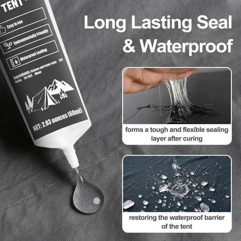 Image of 120ml Tent Seam Sealer Waterproof Sealant For Quick Repairs on fabric, showcasing application and waterproof effectiveness.