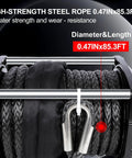 Close-up of steel rope on Beast 20,000 Lbs Heavy Duty Electric Winch 12V DC IP68 Waterproof With 0.47 Inch By 85 Foot Synthetic Rope