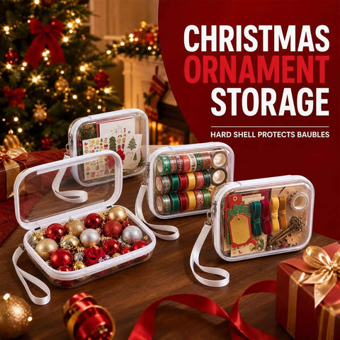 Clear Hard Shell Zipper Cases 4 Pack On The Go Travel Organizer With Wrist Strap with Christmas ornaments storage