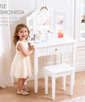 Kids Vanity Table Set With Gold Bow for Little Girls, Sturdy White Wood Makeup Desk, ideal for pretend play with child.