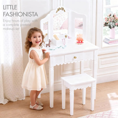 Kids Vanity Table Set With Gold Bow for Little Girls, Sturdy White Wood Makeup Desk, ideal for pretend play with child.