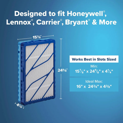 Filtrete 16x25x4 Refillable Air Filter in blue frame fits Honeywell and Lennox with size details displayed.