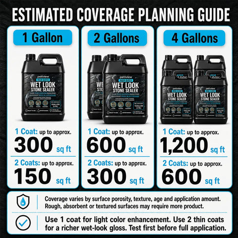 Estimated coverage guide for Fresh High Gloss Wet Look Stone Sealer For Pavers And Concrete in gallon sizes.
