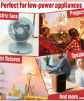 Image showing various low-power appliances like electric fan, projector, light fixture, and speaker, suitable with Six Foot Transparent Extension Cord With Male To Female Connector Invisible Thin Two Prong Power Cable UL Listed Safety 18 AWG Wire 250V 6A For Indoor Use Perfect For Holiday Lights And Decor.