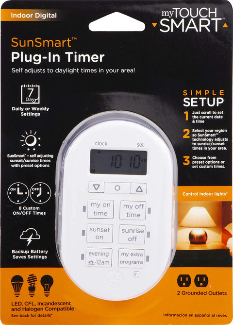 Smooth Operator Indoor Plug In Digital Timer With Two Grounded Outlets And Sunsmart Sunrise Sunset Tracking For Zero Hassle Weekly Scheduling Slick White Build, front view with display and buttons.