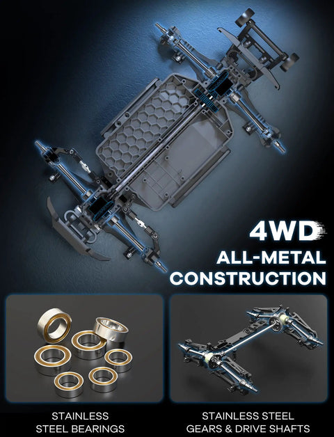 MJX Hyper GO 16207 1 By 16 Scale Brushless RC Buggy underside view, showcasing 4WD all-metal construction and stainless steel components.