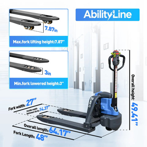 Heavy Duty Electric Pallet Jack With A Massive 4,400 Lbs Load Capacity, featuring 48-inch steel forks and dimensions for warehouse use.