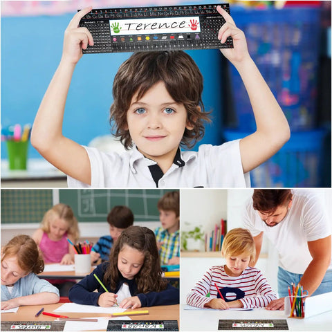 Student holding 48 Desk Name Tags Classroom Set With Traditional Manuscript Nametags Self Adhesive Alphabet Number Line Ruler Addition Chart.