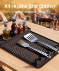 Silicone Grill Mat For Blackstone Griddles And Outdoor Grills, Heat Resistant To 450°F, 16 by 11.5 Inch with tools and sauces