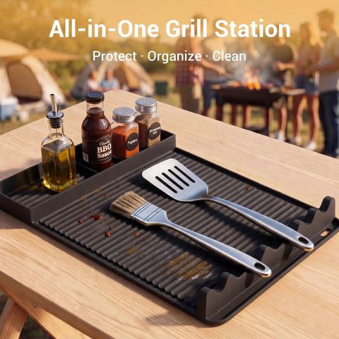 Silicone Grill Mat For Blackstone Griddles And Outdoor Grills, Heat Resistant To 450°F, 16 by 11.5 Inch with tools and sauces