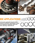 Image showing the use of 150Pcs 10 Size 65Mn Steel Round Wire Snap Rings Set in mechanical assemblies and varied applications.