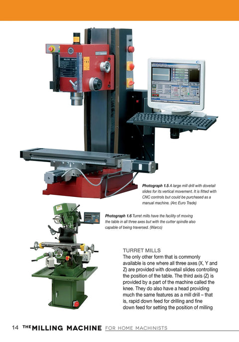 Book page The Milling Machine for Home Machinists showing two milling machines: a red vertical mill and a green turret mill