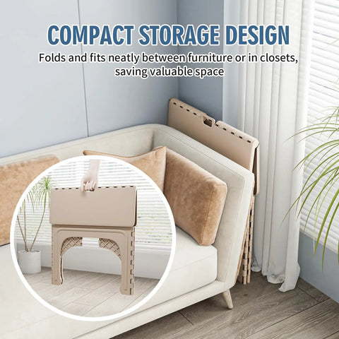 Kid Friendly Folding Table And Chairs Set Portable Foldable Activity Table in compact storage by a sofa indoors
