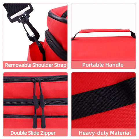 ALSLEA red large first aid bag with removable shoulder strap, top carry handle, double zippers, heavy-duty material