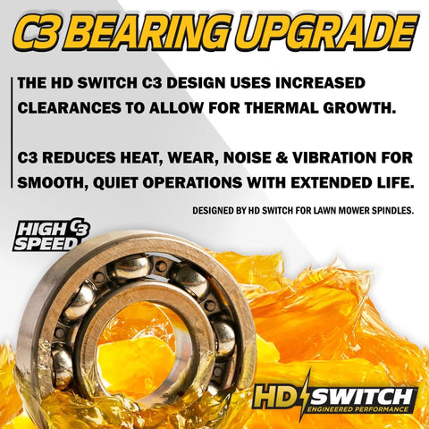 Two Pack Premium C3 Deck Blade Spindle Bearing Rebuild Kit showing high-speed bearing design with yellow synthetic grease background.