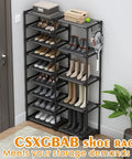 Tall Garage Shoe Rack Holds 28 To 32 Pairs Shoes And Boots With Two Rows And Versatile Hooks In Black For Entryway Closet Or Garage Extra Large Capacity Organizer displaying hats and a tennis racket on hooks.