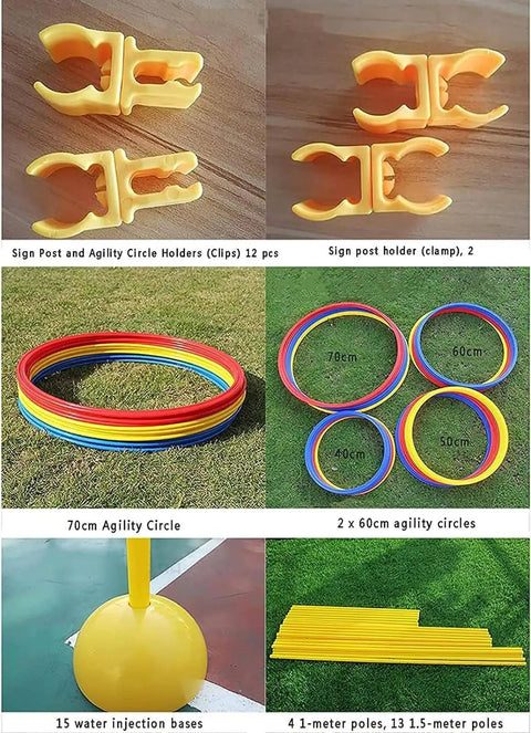 Components of Dope Drone Racing Practice Kit For Game Enthusiasts, including agility circles, clamps, poles, and bases.