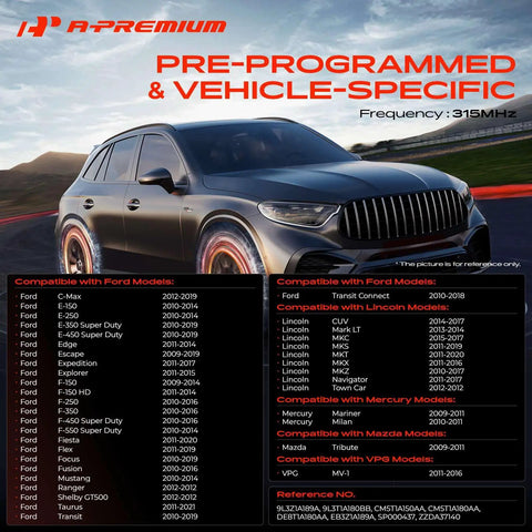 315MHz Pre Programmed TPMS Sensor For Tire Pressure Monitoring Direct Fit Relearn Required No Coding Needed Plug And Play Ready Quick Install And Accurate Tire Readings For Most Vehicles, 315MHz, car reference