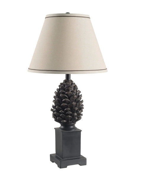 Rustic Pinecone Accent Table Lamp In Aged Bronze Finish, 29 Inch Tall With A 15 Inch Tapered Shade, 3 Way 150 Watt Bulb Or LED Compatible