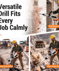 Professional Electric Jack Hammer Pumping 3500W Real Kick And 3000BPM Thumping Impact shown in road demolition and wall breaking.