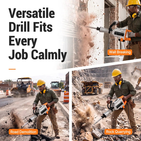Professional Electric Jack Hammer Pumping 3500W Real Kick And 3000BPM Thumping Impact shown in road demolition and wall breaking.
