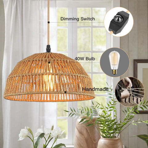 Boho Plug In Pendant Light With 15ft Golden Cotton Cord Handwoven Hemp Rope Lampshade Stepless Dimming Switch 360 Degree Lighting Cozy Warm Glow For Kitchen Hallway Living Room Bulb Included Two Swag Hooks Included