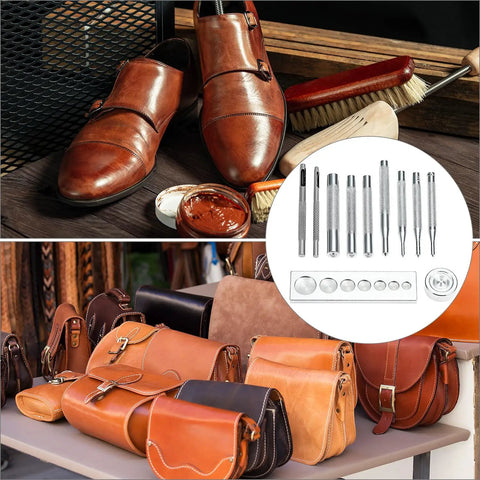 Heavy Duty Hole Punch Set 11 Piece Carbon Steel Punch And Rivet Tool Kit with leather shoes, bags, brushes, and polish