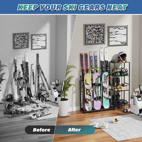 Before and after of a Freestanding Ski And Snowboard Rack Keeps Your Gnarly Shred Gear Totally Organized Holds Three Boards And Four Sets Of Skis With Boots Helmets Poles And Extras For Heavy Duty Garage Storage.