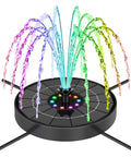 Solar Fountain Pump With 3 Spray Heights, Upgraded Glass Panels And Led Lights, 6 Nozzles, multicolored water jets and LED lights